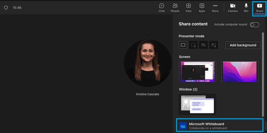 MS Teams find whiteboard