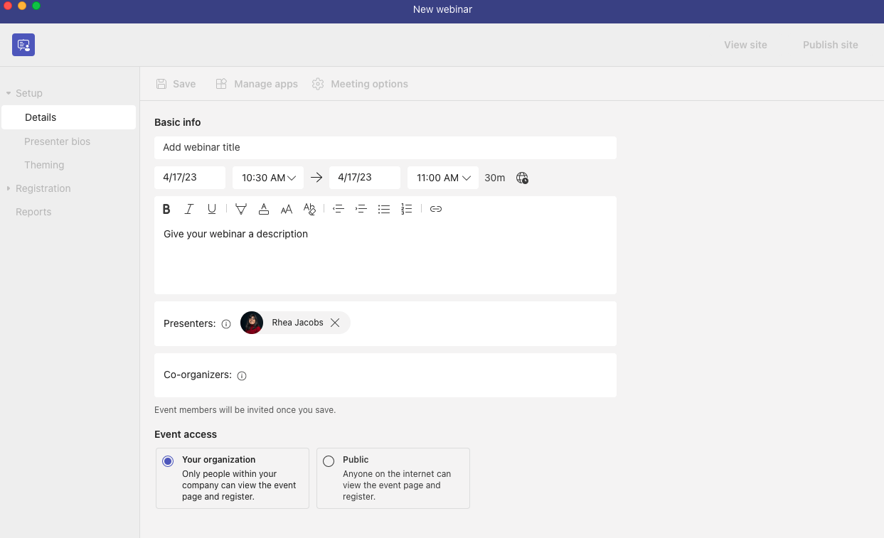 MS Teams webinar set up