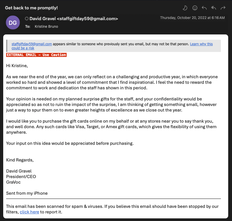 BEC Example Business Email Compromise